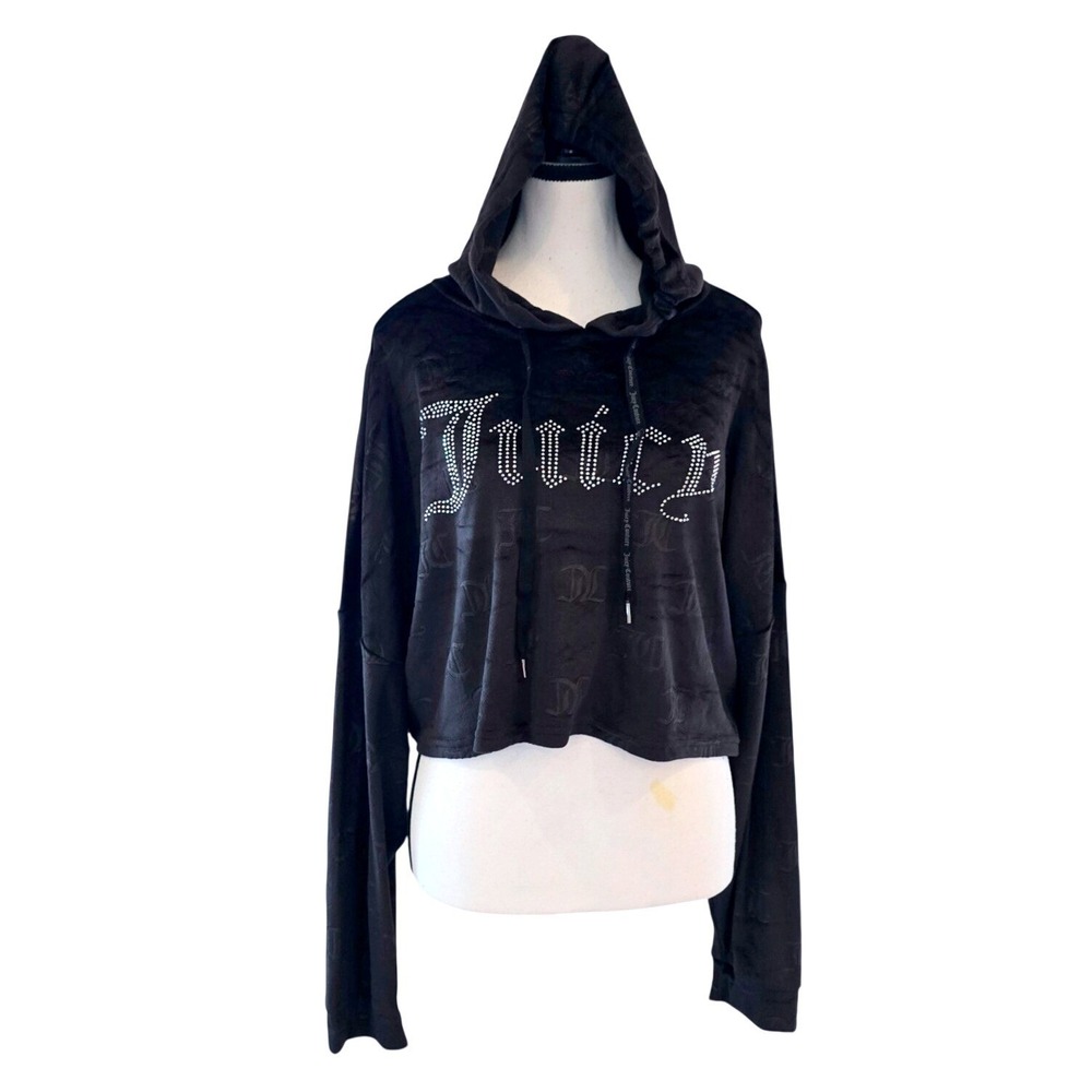 Juicy Couture Velour Crop Hoodie‎ L Large Black Rhinestone Embossed Top